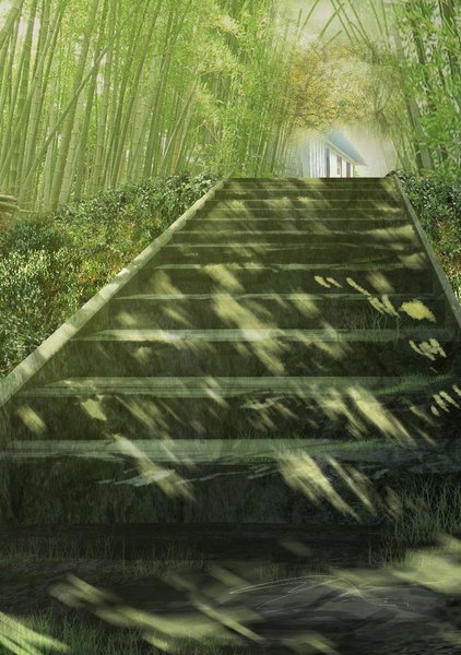 Anime picture 808x1148 with original umi78992161 tall image sunlight shadow no people nature bamboo forest plant (plants) tree (trees) building (buildings) grass forest stairs japanese house