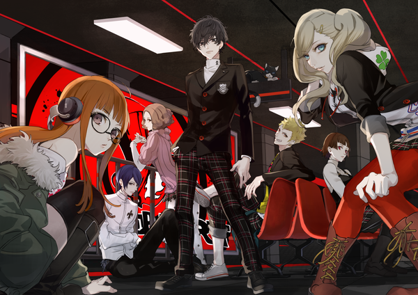 Anime picture 1300x919 with persona 5 persona amamiya ren takamaki anne sakura futaba niijima makoto morgana (persona 5) okumura haru kitagawa yuusuke sakamoto ryuuji chigira long hair looking at viewer fringe short hair blue eyes black hair blonde hair smile red eyes