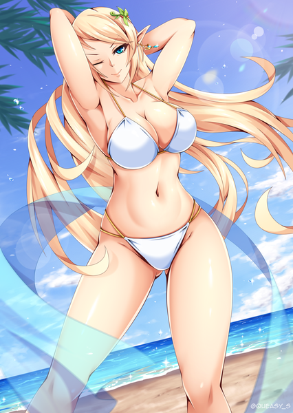 Anime picture 1240x1748 with maplestory mercedes (maplestory) queasy s single long hair tall image looking at viewer breasts blue eyes light erotic blonde hair smile large breasts standing signed cleavage cloud (clouds) outdoors one eye closed pointy ears