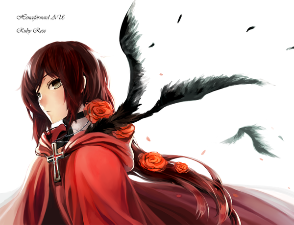 Anime picture 1300x997 with rwby rooster teeth ruby rose bloodycolor single long hair white background brown eyes red hair hair flower girl hair ornament flower (flowers) animal petals bird (birds) feather (feathers) cross crow