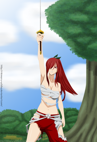 Anime picture 2500x3678 with fairy tail erza scarlet rikimaru-uchiha single long hair tall image fringe highres light erotic red eyes sky cloud (clouds) ponytail red hair hair over one eye armpit (armpits) midriff tattoo coloring torn clothes