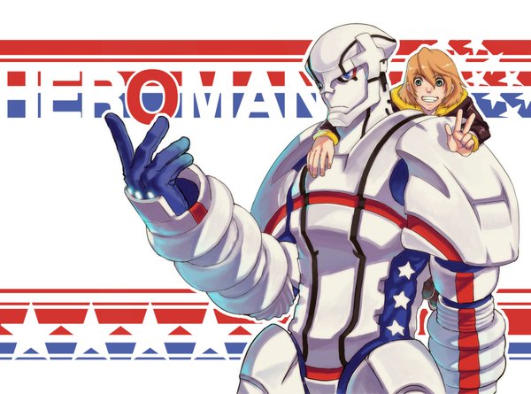 Anime picture 1933x1435 with heroman studio bones joey jones (heroman) heroman (robot) highres blonde hair smile green eyes hug victory boy robot