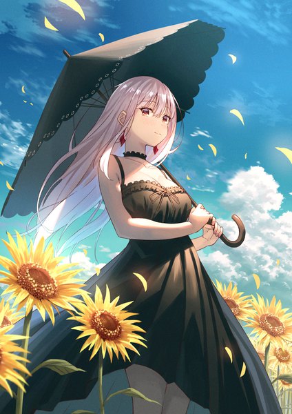 Anime picture 1767x2500 with original koh rd single long hair tall image looking at viewer fringe highres breasts smile hair between eyes red eyes standing holding sky silver hair cloud (clouds) outdoors wind from below