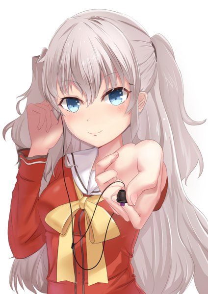 Аниме картинка 2480x3507 с шарлотта p.a. works tomori nao ki kun один (одна) длинные волосы высокое изображение смотрит на зрителя румянец чёлка высокое разрешение голубые глаза простой фон улыбка волосы между глазами белый фон держать пейсы верхняя часть тела длинные рукава