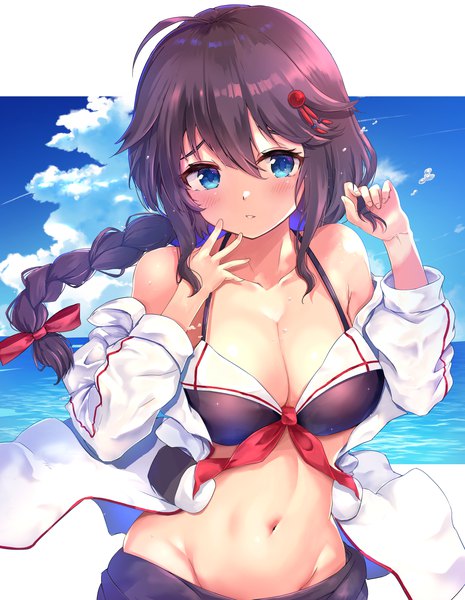 Anime picture 2676x3456 with kantai collection shigure destroyer o-sirius single long hair tall image blush fringe highres breasts blue eyes light erotic black hair hair between eyes large breasts sky cloud (clouds) braid (braids) groin single braid