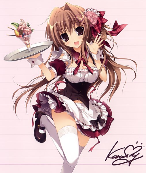 Anime picture 1239x1465 with original aomi maika karory single long hair tall image blush open mouth brown hair brown eyes hair flower scan maid one side up girl thighhighs dress hair ornament flower (flowers) bow