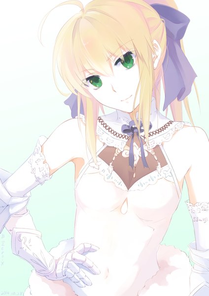 Anime picture 1447x2046 with fate (series) fate/stay night type-moon artoria pendragon (all) saber bzerox single long hair tall image looking at viewer blonde hair green eyes ahoge ponytail hands on hips girl dress gloves ribbon (ribbons) hair ribbon