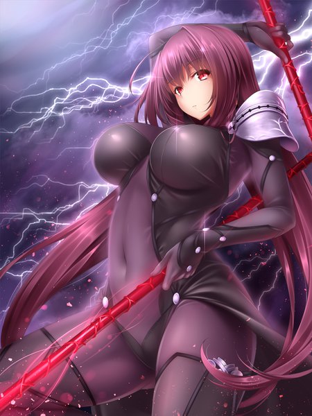 Anime picture 1000x1333 with fate (series) fate/grand order scathach (fate) (all) scathach (fate) midoriiro no shinzou single long hair tall image looking at viewer blush fringe breasts light erotic hair between eyes red eyes standing holding purple hair cloud (clouds) sparkle