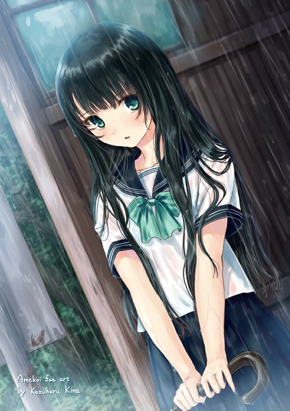 Anime picture 707x1000 with love rain kazushi mizuki kazuharu kina single long hair tall image looking at viewer blush black hair green eyes rain wet clothes girl skirt uniform school uniform serafuku umbrella