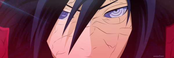 Anime picture 2750x922 with naruto studio pierrot naruto (series) uchiha madara execution97 single highres short hair black hair wide image purple eyes coloring close-up face rinnegan boy armor
