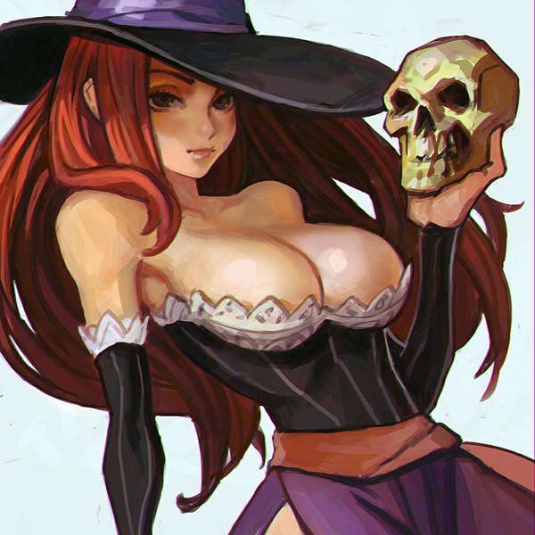 Anime picture 1024x1024 with dragon's crown vanillaware sorceress (dragon's crown) ilya kuvshinov single long hair looking at viewer breasts light erotic simple background brown hair large breasts brown eyes cleavage blue background girl hat detached sleeves witch hat skull