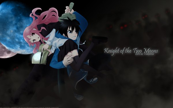 Anime picture 1920x1200 with zero no tsukaima j.c. staff louise francoise le blanc de la valliere hiraga saito long hair highres short hair open mouth black hair simple background wide image sitting pink hair pleated skirt inscription zettai ryouiki black background girl thighhighs skirt