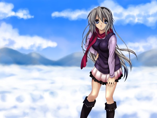 Anime picture 1600x1200 with clannad key (studio) sakagami tomoyo single long hair grey hair girl skirt miniskirt boots scarf red scarf
