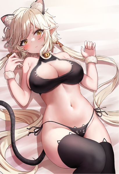 Anime picture 922x1351 with original chirang single long hair tall image looking at viewer blush fringe breasts light erotic blonde hair large breasts twintails animal ears yellow eyes payot cleavage bent knee (knees) tail lying