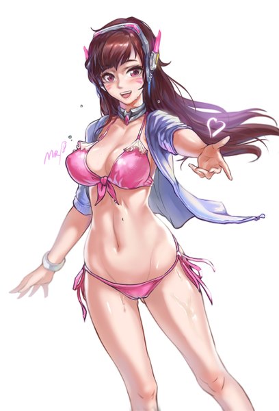Anime picture 1900x2793 with overwatch blizzard entertainment d.va (overwatch) tsuki no i-min single long hair tall image blush fringe highres breasts open mouth light erotic simple background smile brown hair large breasts standing white background signed