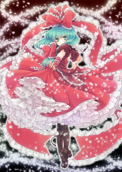 イラスト 877x1239 と 東方 鍵山雛 namisaki yuka ソロ 長髪 長身像 カメラ目線 赤面 緑の目 green hair magic 女の子 ドレス リボン ちょう結び ヘア蝶結び 赤いドレス