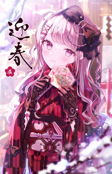 Anime picture 2460x3825 with original kappe reeka single long hair tall image looking at viewer blush fringe highres pink hair traditional clothes japanese clothes pink eyes two side up new year yagasuri girl gloves hair ornament bow