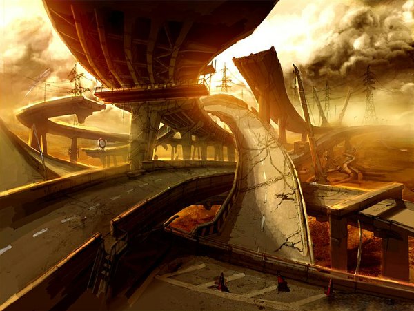 Anime picture 1024x768 with cityscape ruins orange background post-apocalyptic building (buildings)