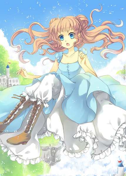 Anime-Bild 1200x1678 mit ceru single long hair tall image open mouth blue eyes brown hair falling girl dress boots