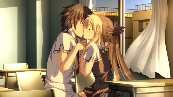 Anime picture 1280x720 with chrono clock dorothy davenport koku long hair short hair black hair blonde hair wide image game cg eyes closed couple kiss girl boy uniform school uniform