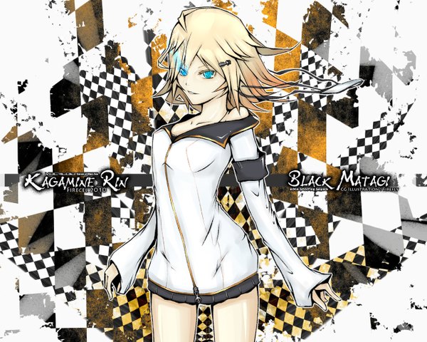 Anime picture 1280x1024 with vocaloid kagamine rin firefly single short hair blue eyes blonde hair signed long sleeves copyright name character names checkered background 2010 girl hair ornament jacket hairclip