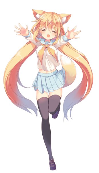 Anime picture 2320x4024 with virtual youtuber mofumofu channel amamiya mei p19 single tall image blush fringe highres breasts open mouth simple background blonde hair hair between eyes standing white background animal ears full body tail eyes closed