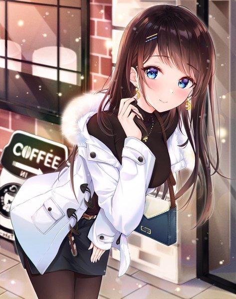 Anime picture 2508x3182 with original lebring single long hair tall image looking at viewer blush fringe highres blue eyes smile brown hair standing payot outdoors arm up blurry leaning depth of field leaning forward