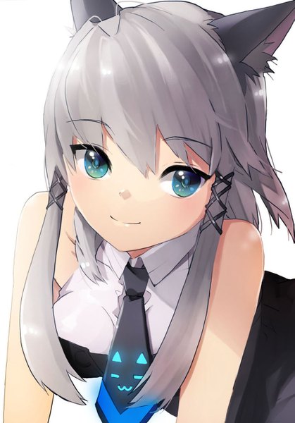 Anime picture 941x1348 with original kimijima0301 single tall image fringe short hair breasts blue eyes simple background smile white background twintails bare shoulders animal ears grey hair cat ears close-up girl necktie
