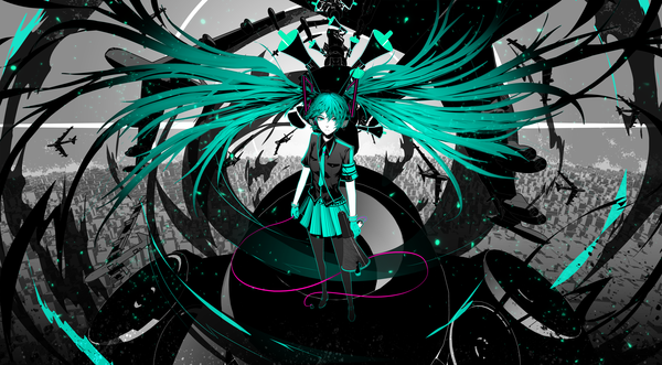 Anime picture 4000x2210 with vocaloid koi wa sensou (vocaloid) hatsune miku arsenixc single highres wide image absurdres very long hair pleated skirt aqua eyes aqua hair girl skirt gloves shirt pantyhose necktie headphones aircraft