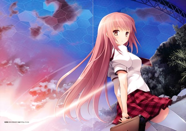 Anime picture 4945x3500 with imouto no katachi sena miyuki mutou kurihito single long hair looking at viewer blush fringe highres standing holding brown eyes payot pink hair absurdres sky cloud (clouds) outdoors parted lips profile