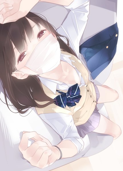 Anime picture 791x1100 with original ama mitsuki single long hair tall image looking at viewer blush fringe black hair brown eyes lying open collar girl uniform school uniform couch surgical mask