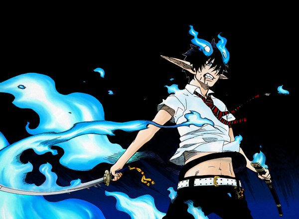 Anime picture 1638x1200 with ao no exorcist a-1 pictures okumura rin short hair blue eyes black hair pointy ears grin glowing black background boy navel shirt sword necktie belt katana fire