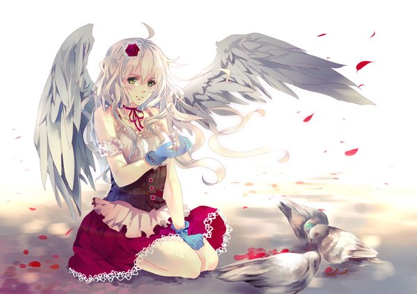Anime picture 3508x2480 with original aiki-ame long hair highres sitting bare shoulders green eyes absurdres white hair hair flower angel girl dress gloves hair ornament animal petals wings bird (birds) pigeon