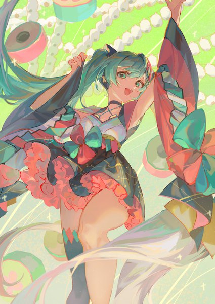 Anime picture 3508x4958 with vocaloid magical mirai (vocaloid) hatsune miku magical mirai miku magical mirai miku (2020 summer) hlymoriia single tall image looking at viewer fringe highres open mouth hair between eyes absurdres very long hair :d aqua eyes aqua hair girl thighhighs