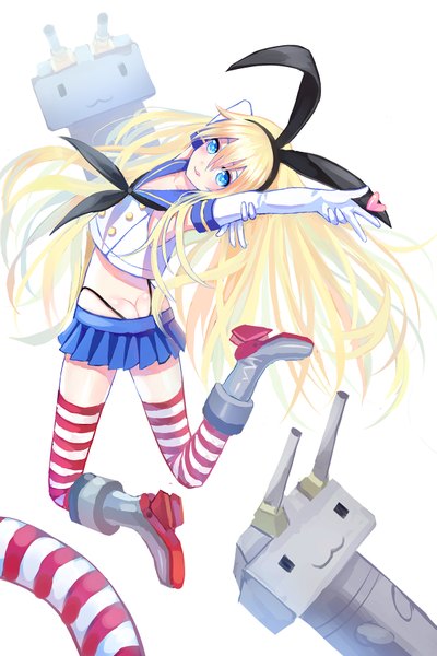 Anime picture 1181x1772 with kantai collection shimakaze destroyer rensouhou-chan lunatic (phantasy) single long hair tall image looking at viewer blush blue eyes light erotic simple background blonde hair smile white background animal ears ass looking back orange hair arms up