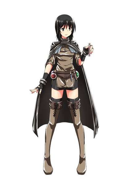 Anime picture 1104x1553 with original kaho single long hair tall image black hair simple background white background looking away black eyes girl thighhighs gloves black thighhighs boots belt fingerless gloves thigh boots cape clothes