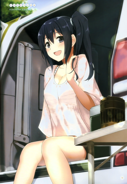 Anime picture 1610x2319 with shirobako p.a. works imai midori cccpo single long hair tall image blush open mouth black hair sitting black eyes scan side ponytail girl