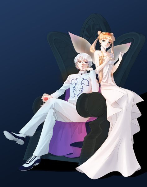 Anime picture 2000x2534 with bishoujo senshi sailor moon toei animation tsukino usagi prince diamond neo queen serenity long hair tall image highres short hair blue eyes simple background blonde hair sitting purple eyes silver hair full body white hair black eyes sleeveless couple