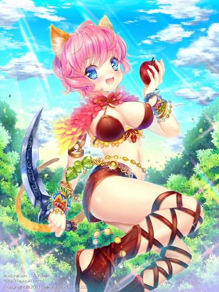 Anime picture 653x871 with original a.yuuki (au7) single tall image blush fringe short hair open mouth blue eyes light erotic smile hair between eyes animal ears pink hair sky cloud (clouds) tail :d animal tail sunlight
