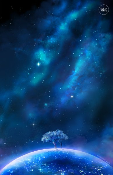 Anime picture 583x900 with original sugarmints single tall image standing signed from behind shadow dated landscape space silhouette milky way ambiguous gender plant (plants) tree (trees) star (stars)