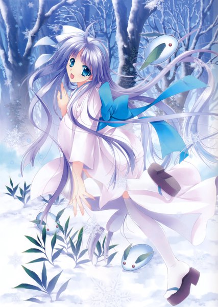Anime picture 4979x6995 with original yamamoto kazue single long hair tall image looking at viewer blush highres blue eyes blue hair absurdres ahoge traditional clothes japanese clothes scan official art snowing winter snow bare tree