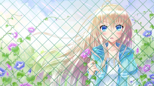 Anime picture 1920x1080 with original myungsoolim single long hair blush fringe highres open mouth blue eyes blonde hair hair between eyes wide image holding sky cloud (clouds) upper body ahoge parted lips sunlight open clothes
