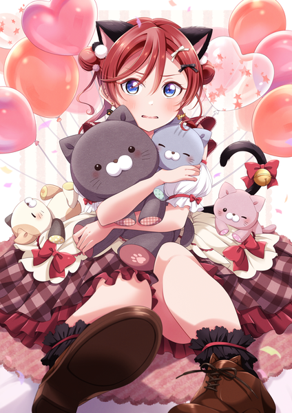 Anime picture 1447x2047 with hello!!! love live! sunrise (studio) love live! yoneme mei nico-ron single tall image looking at viewer blush fringe short hair breasts open mouth blue eyes hair between eyes sitting animal ears red hair cat ears hair bun (hair buns)