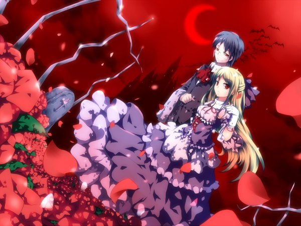 Anime picture 2460x1845 with original sinchi (artist) long hair highres short hair black hair blonde hair red eyes couple red background girl dress boy flower (flowers) petals glasses cross castle bat tombstone