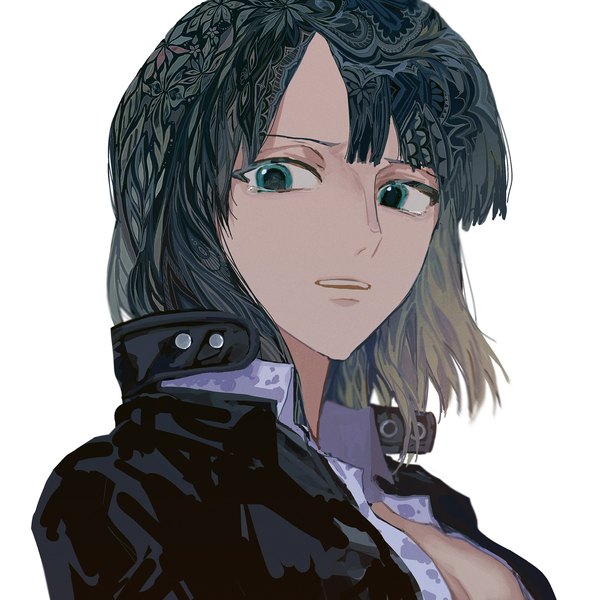 Anime picture 1773x1773 with one piece toei animation nico robin yadu nadu single looking at viewer highres short hair black hair simple background white background cleavage upper body parted lips aqua eyes girl teardrop