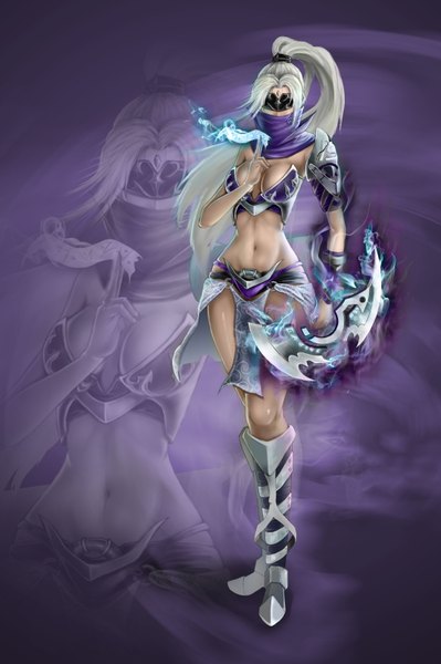 Anime picture 2160x3246 with dota 2 (game) anti-mag (dota2) ashirok-on (artist) single long hair tall image highres breasts light erotic ponytail grey hair bare belly midriff genderswap girl navel weapon mask