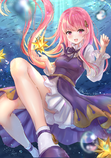 Anime picture 1032x1457 with original fujimori shiki single long hair tall image looking at viewer blush fringe open mouth light erotic smile signed pink hair bent knee (knees) :d pink eyes sunlight twitter username underwater frilled dress