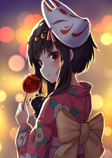 Anime picture 566x800 with kono subarashii sekai ni shukufuku wo! studio deen megumin chomusuke pensuke single tall image looking at viewer blush fringe short hair black hair red eyes holding payot upper body blunt bangs traditional clothes japanese clothes looking back