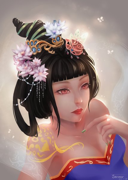 Anime picture 2500x3500 with original sermor single long hair tall image highres black hair red eyes bare shoulders nail polish hair flower lips tattoo portrait girl hair ornament flower (flowers)