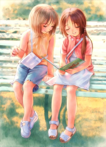 Anime picture 2480x3424 with original goto p long hair tall image blush fringe highres short hair blonde hair smile hair between eyes brown hair sitting bare shoulders multiple girls holding payot full body bent knee (knees) outdoors